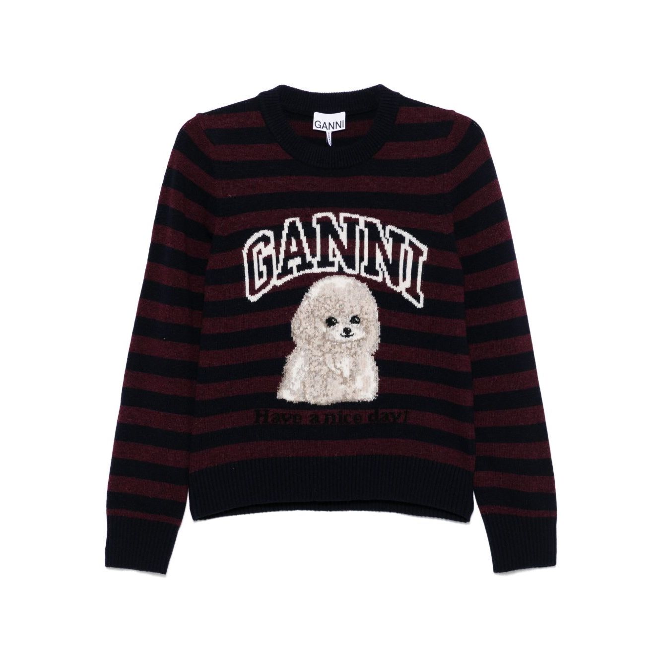 GANNI Sweaters Bordeaux, midnight blue crew neck with long sleeves, ribbed trim, horizontal stripes, Poodle wool design.