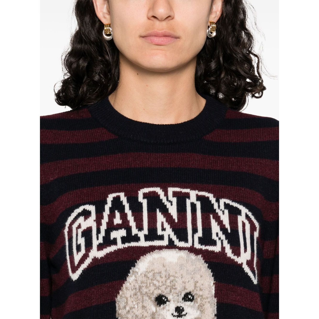 GANNI Sweaters Bordeaux - Midnight blue crew neck with horizontal stripes and Poodle design, wool fabric.