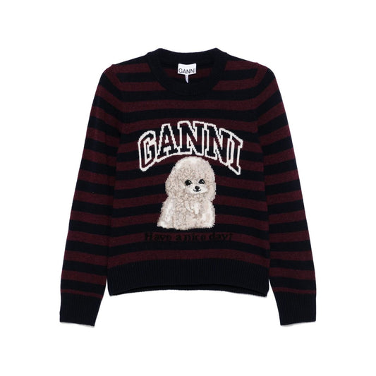 GANNI Sweaters Bordeaux, midnight blue crew neck with long sleeves, ribbed trim, horizontal stripes, Poodle wool design.