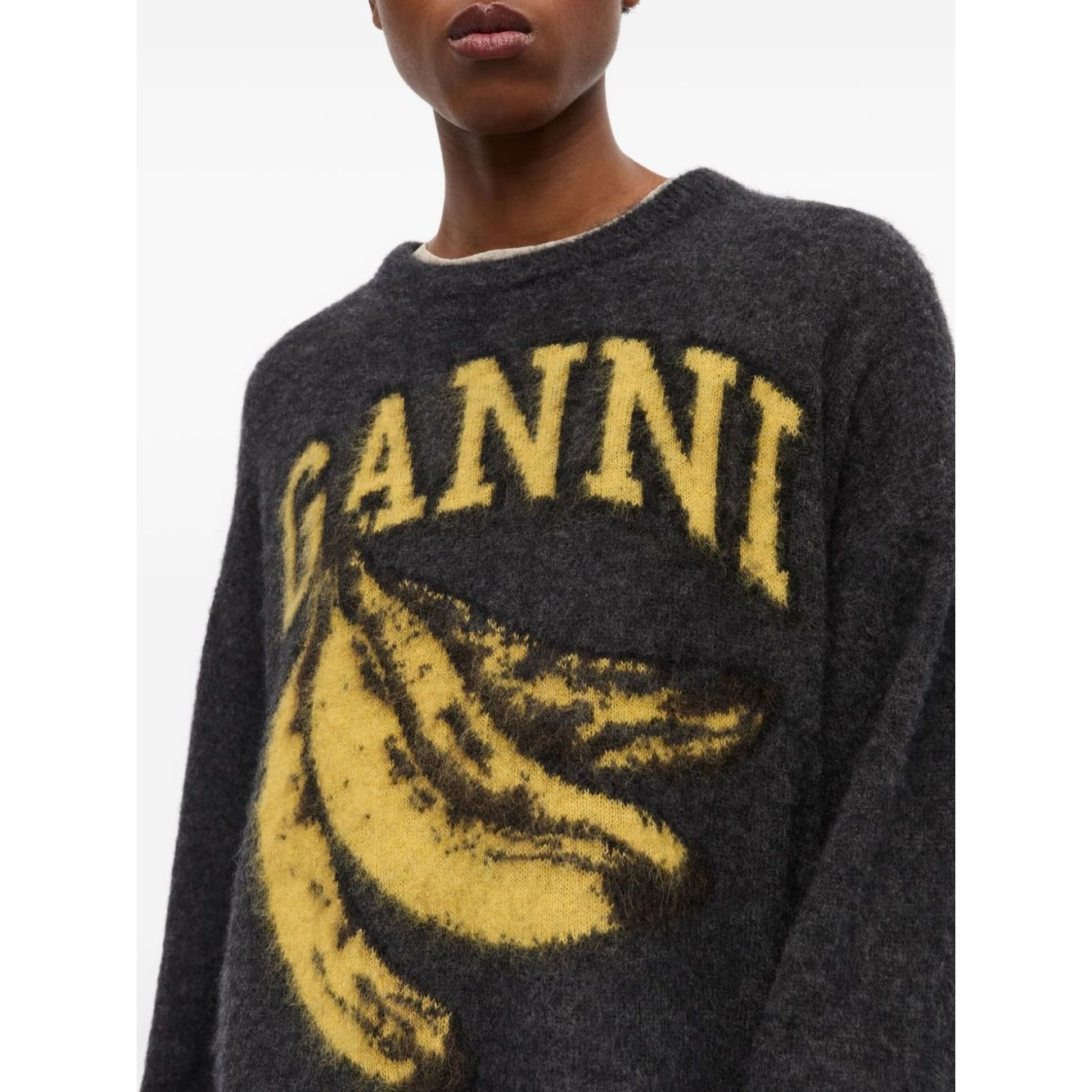 GANNI Sweaters Grey featuring banana design, crew neck, ribbed cuffs and hem, long sleeves, and a straight hem.