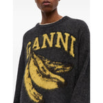 GANNI Sweaters Grey featuring banana design, crew neck, ribbed cuffs and hem, long sleeves, and a straight hem.