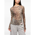 GANNI T-shirts and Polos Brown light brown leopard print long sleeve with crew neck and logo patch detail.