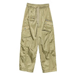 GANNI Trousers Green, sage green nylon cargo pants with drawstring waistband, seam detailing, and multiple pockets.