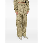 GANNI Trousers Green, sage green nylon oversized trousers with drawstring waistband, cargo pockets, and seam detailing.