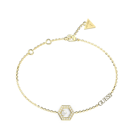GUESS JEWELS JEWELRY Mod. JUBB04650JWYGS gold bracelet with hexagonal charm and GUESS logo on clasp