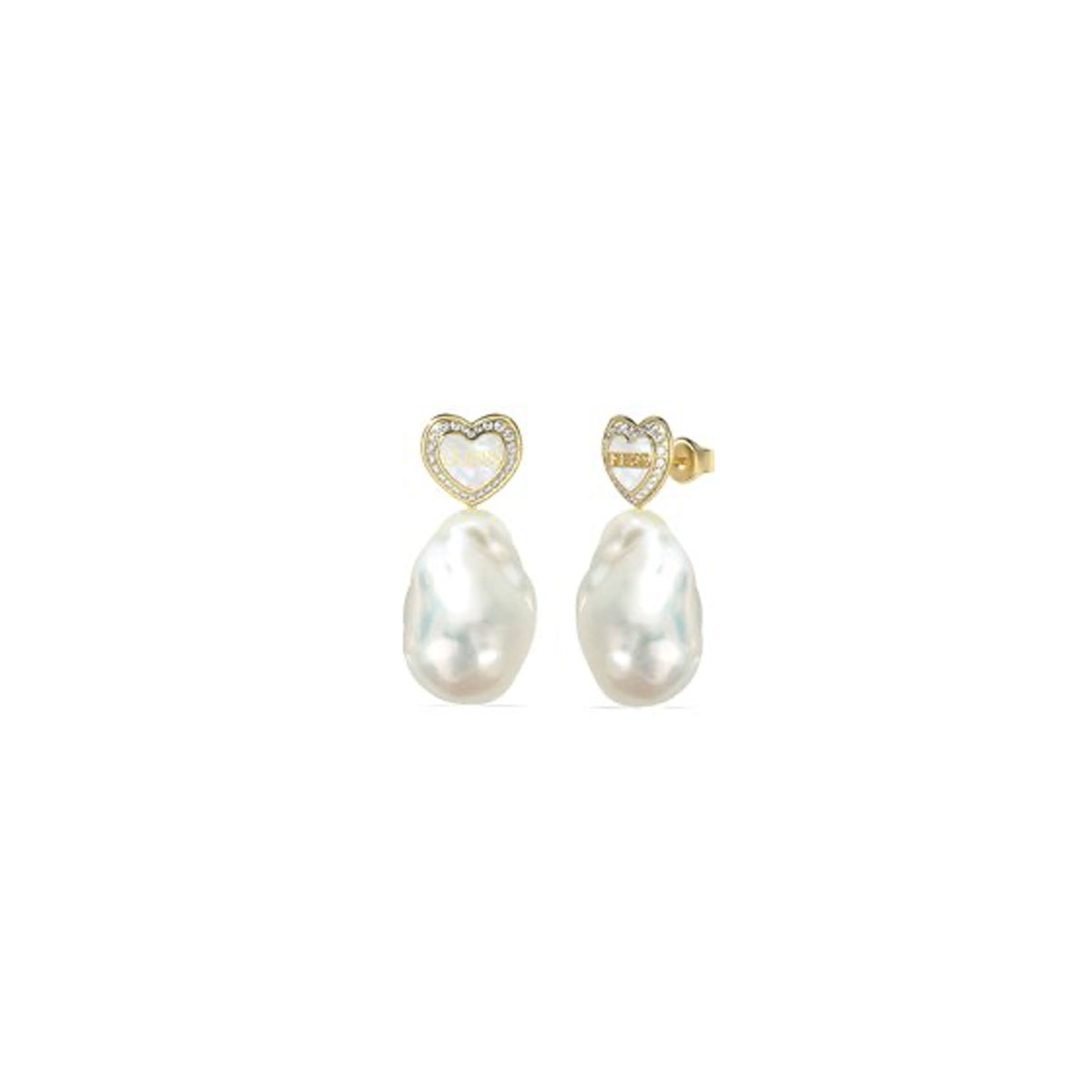 Pearl earrings with heart design, GUESS JEWELS JEWELRY Mod. JUBE04022JWYGWHT-U on white background.