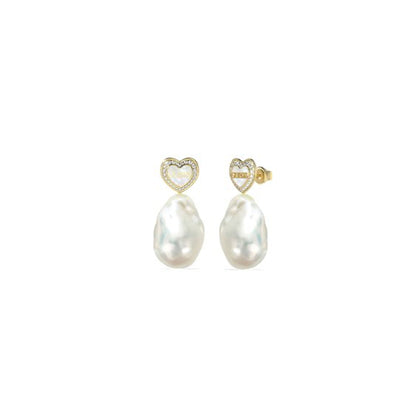 Pearl earrings with heart design, GUESS JEWELS JEWELRY Mod. JUBE04022JWYGWHT-U on white background.