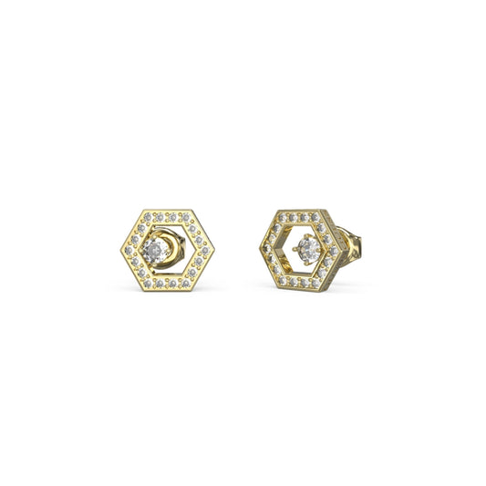 Golden hexagon-shaped earrings with crystals, featuring GUESS JEWELS JEWELRY Mod. JUBE04651JWYGT-U.