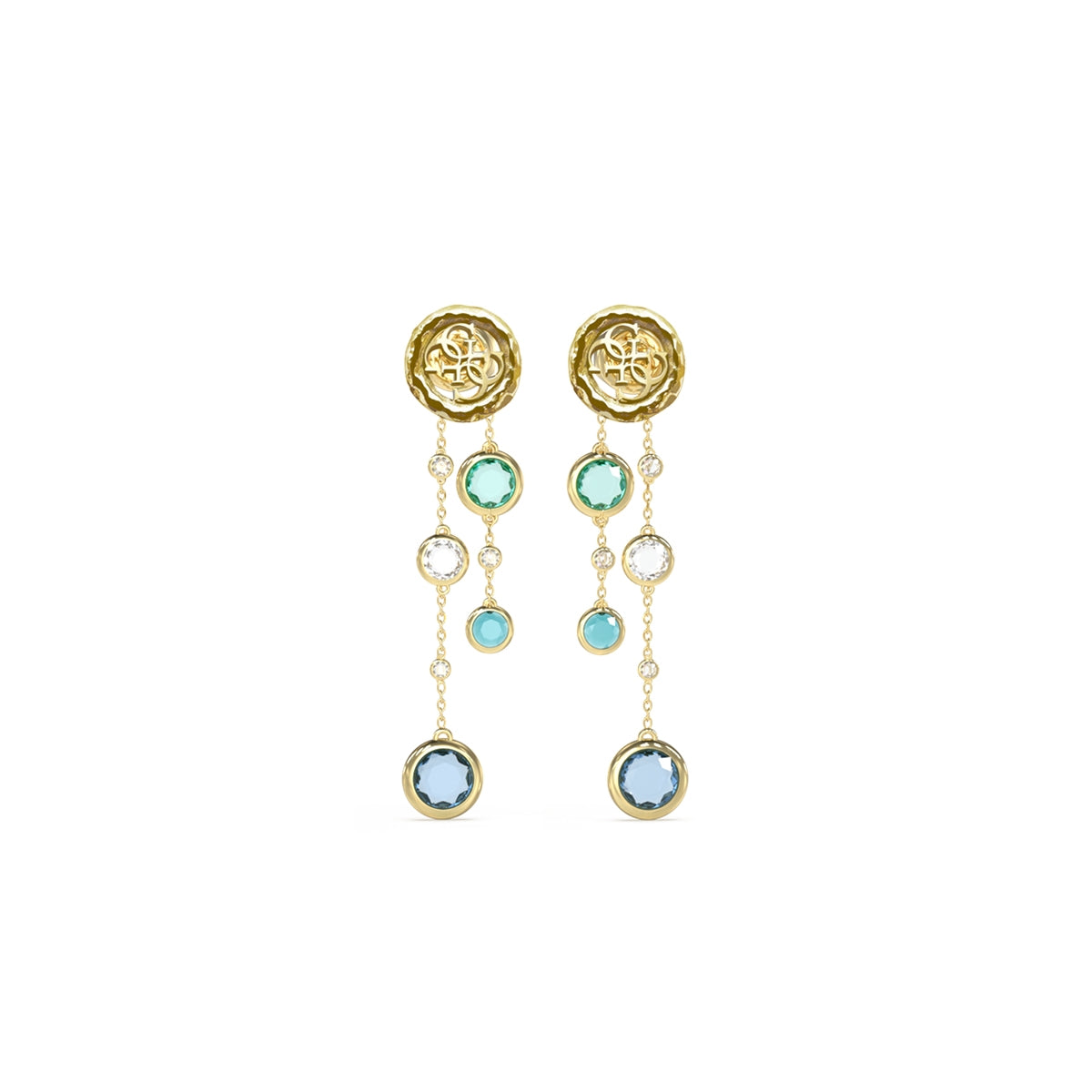 GUESS JEWELS JEWELRY Mod. JUBE05091JWYGAQT-U decorative drop earrings with colorful gemstones, showcasing elegant design.