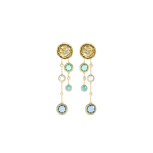GUESS JEWELS JEWELRY Mod. JUBE05091JWYGAQT-U decorative drop earrings with colorful gemstones, showcasing elegant design.