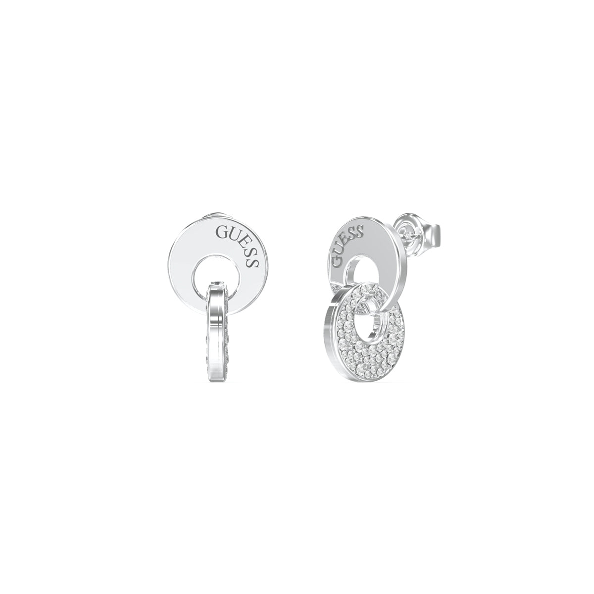 GUESS JEWELS JEWELRY Mod. JUBE05221JWRHT-U silver earrings featuring circular designs with sparkling details.