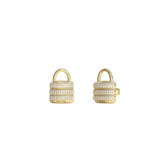 Gold lock-inspired earrings, GUESS JEWELS JEWELRY Mod. JUBE05419JWYGT-U, sparkling with crystals, luxurious accessory