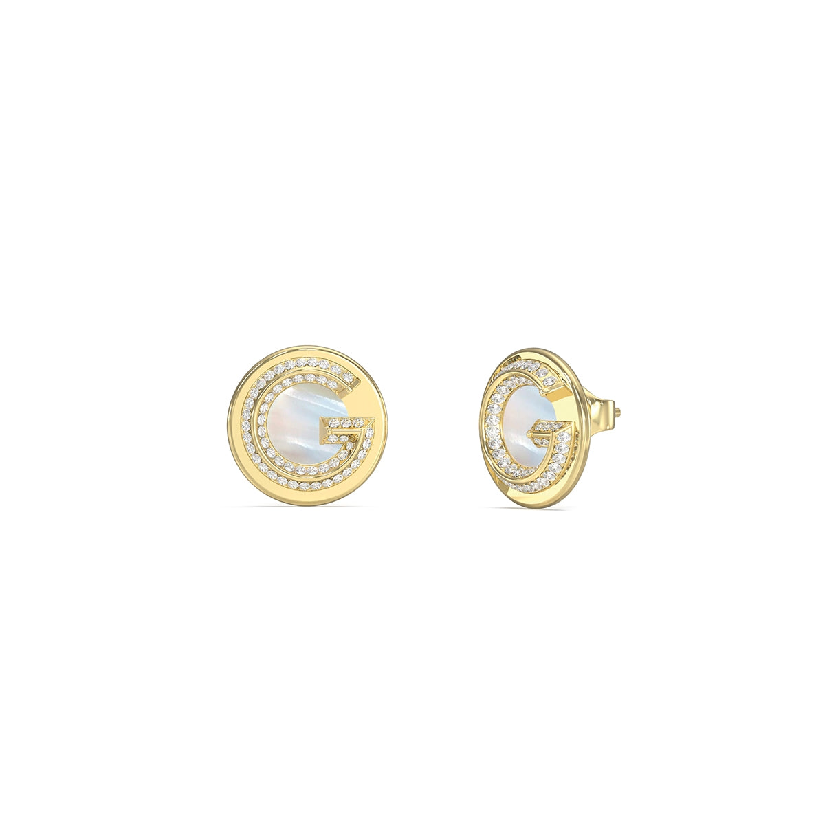 GUESS JEWELS JEWELRY Mod. JUBE05440JWYGT-U gold earrings with sparkling stones, featuring brand logo design.