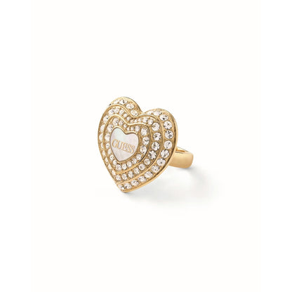 Alt Tag: GUESS JEWELS JEWELRY Mod. JUBR04016JWYGWH56 heart-shaped gold ring with crystal embellishments.