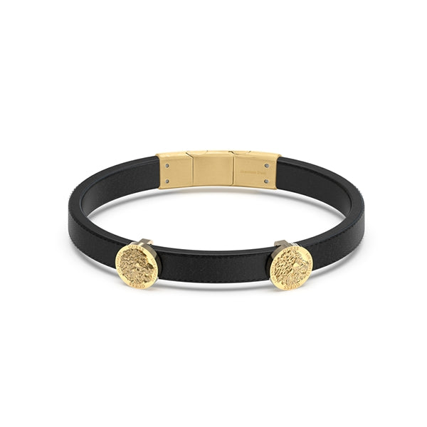 Luxury bracelet of GUESS JEWELS JEWELRY Mod. JUMB03013JWYGT-U with black band and gold accents, elegant fashion accessory.