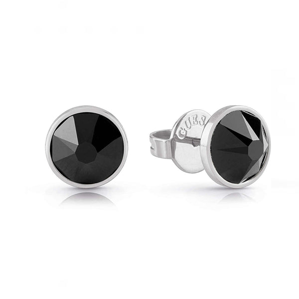 GUESS JEWELS JEWELRY Mod. JUME01343JWSTBKT-U black gemstone earrings with silver backing.