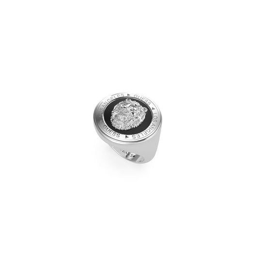 GUESS JEWELS JEWELRY Mod. JUMR01315JWSTBK62 silver ring with detailed lion emblem on top view.