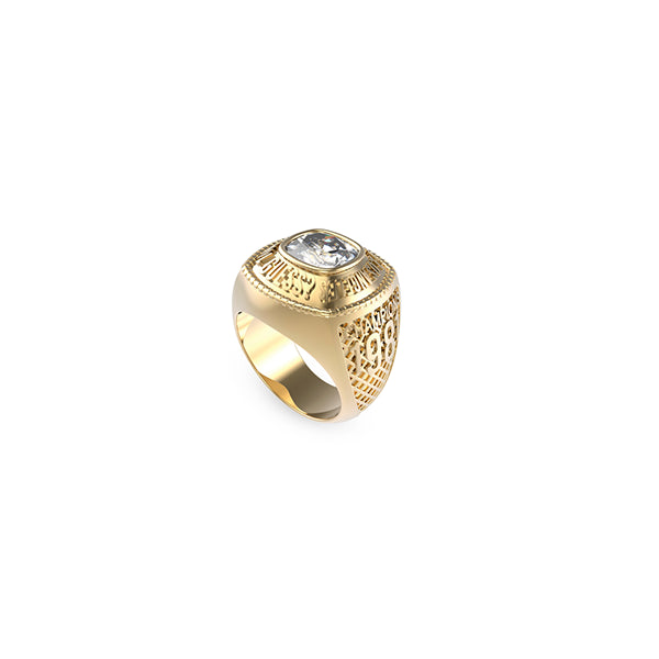 GUESS JEWELS JEWELRY Mod. JUMR01375JWYG64 gold ring with detailed engravings and single gemstone.