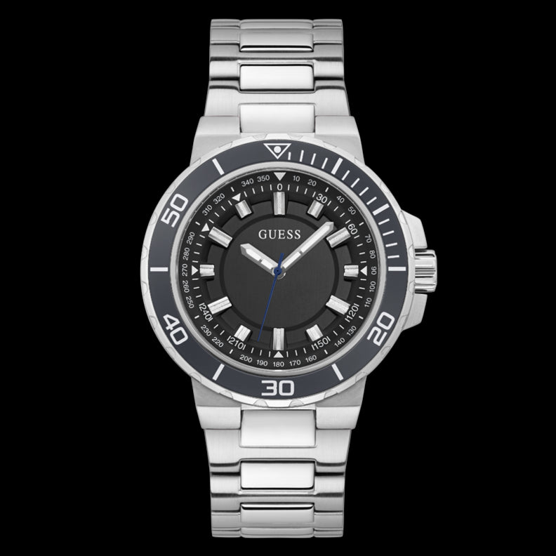 GUESS MOD. TRACK men's silver wristwatch with black dial on black background