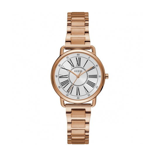 GUESS Mod. JACKIE wristwatch in rose gold with quartz movement, 34mm case, only time function, and official box packaging.