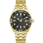 Gold GUESS Mod. PREMIER wristwatch with black dial, date display, quartz movement, and 3 ATM water resistance in official packaging.