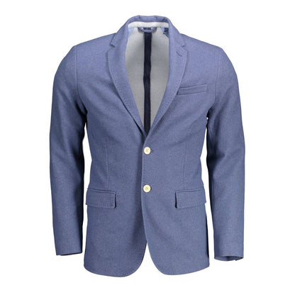 Gant Blue Cotton Men Jacket with 2-button closure, long sleeves, crafted from cotton and polyester, perfect for versatile style.