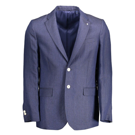 Gant Blue Linen Men Jacket with two-button closure and long sleeves, featuring signature logo, perfect for elevating sophisticated style.