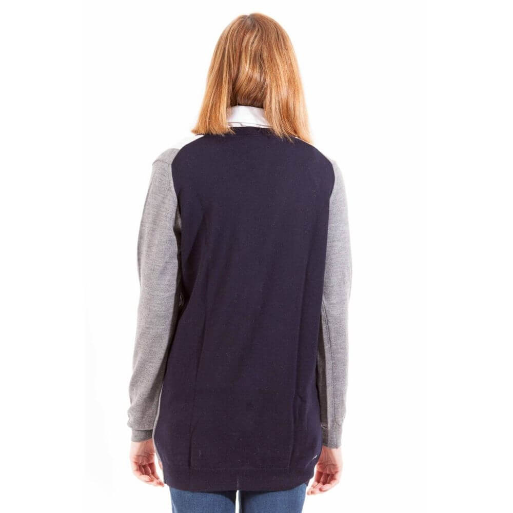 Back view of a woman wearing a Gant Gray Wool Sweater, long sleeve cardigan with buttons and 2 pockets, showcasing the logo.