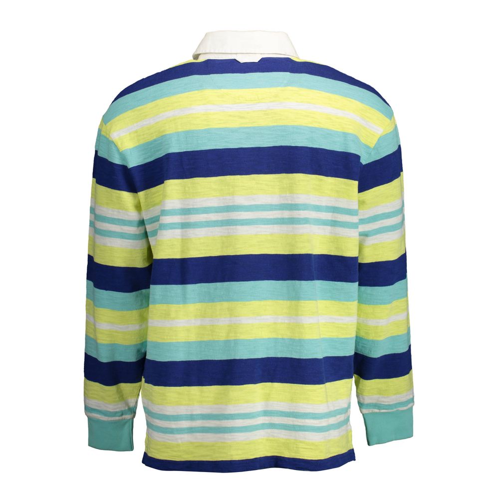 Back view of a colorful striped long sleeve polo shirt with yellow, green, and blue hues on a white background.