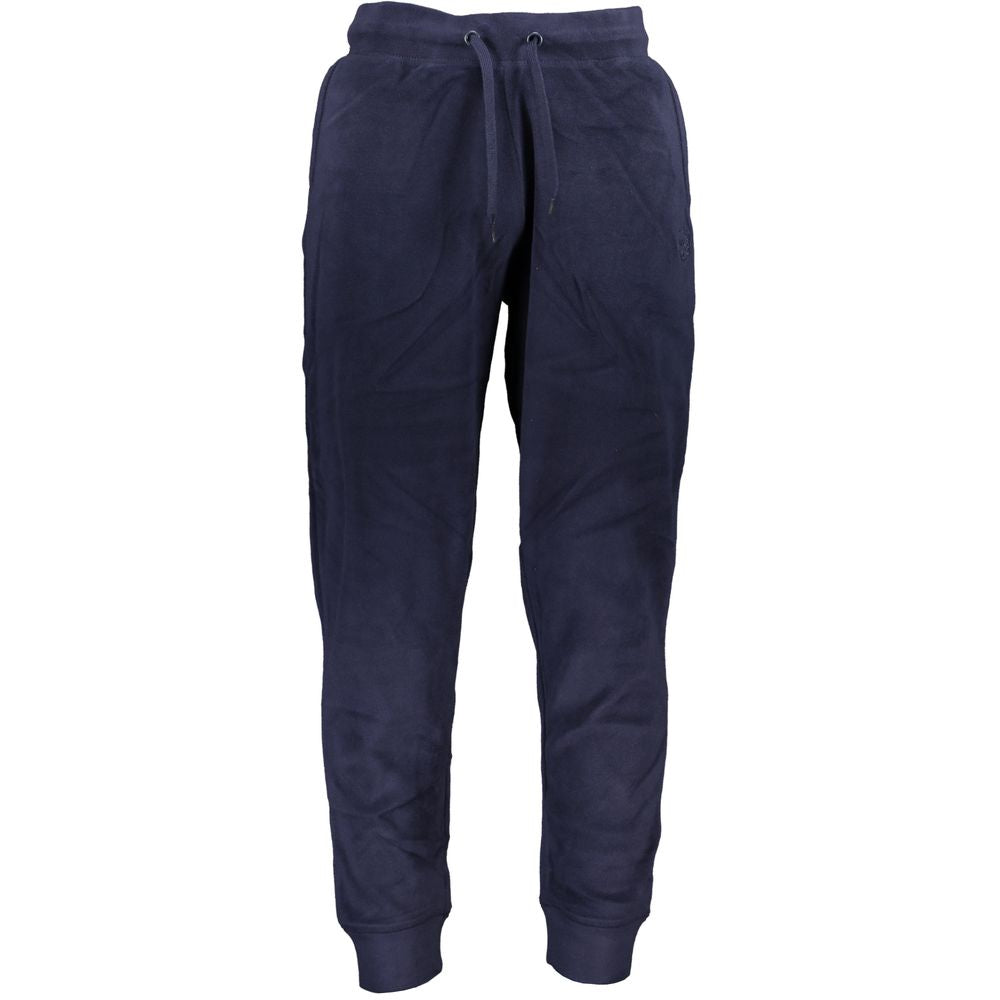 Gianmarco Venturi Blue Polyester Pant, fleece sports trousers with elastic waist, lace tie, two pockets, ankle cuffs, and embroidery.