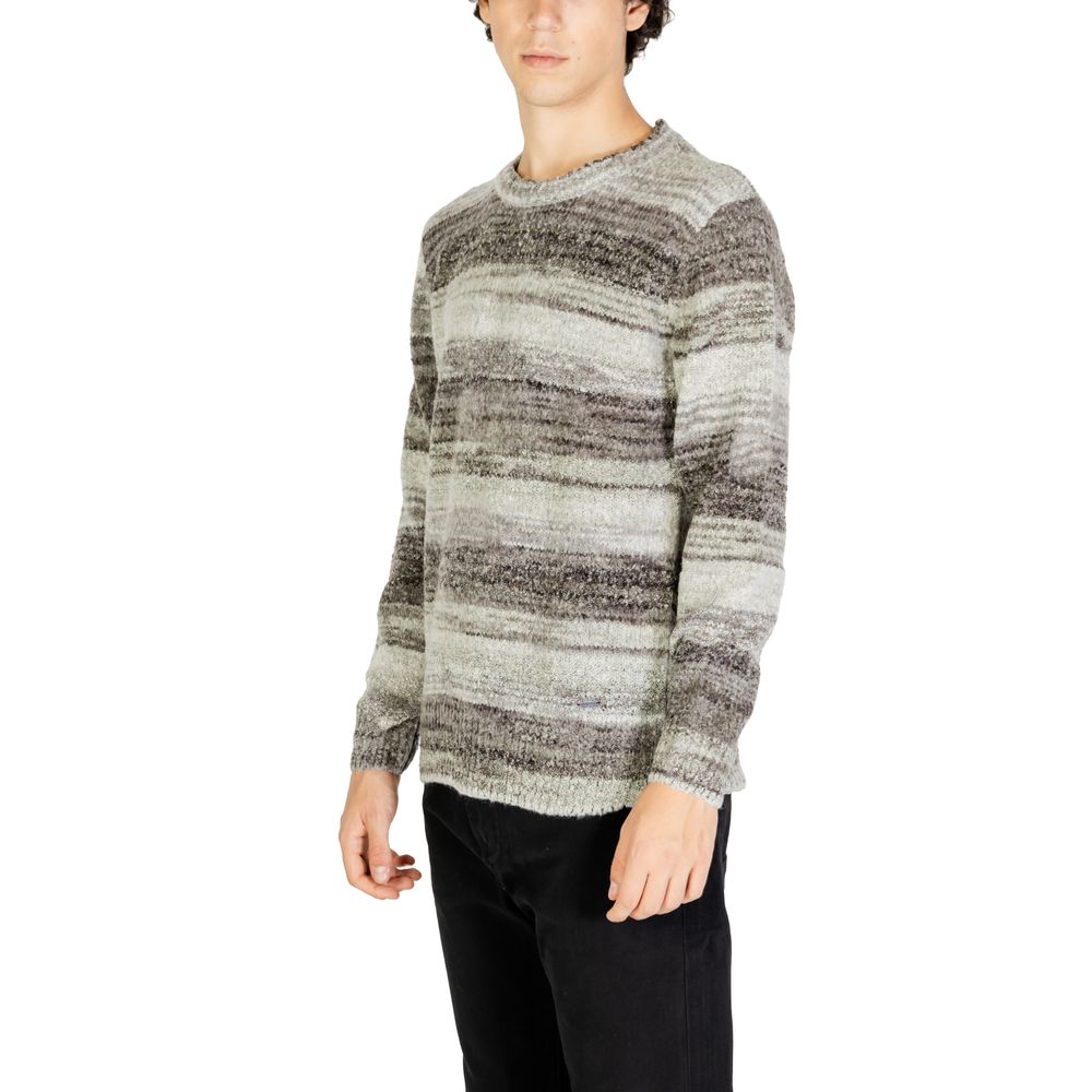 Model wearing Gianni Lupo Gray Polyacrylic Sweatshirt with horizontal stripe pattern, showcasing stylish and comfortable knitwear for autumn-winter.