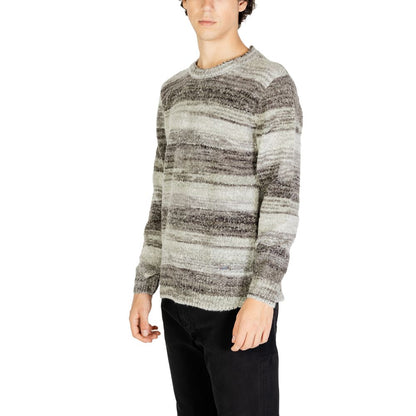 Model wearing Gianni Lupo Gray Polyacrylic Sweatshirt with horizontal stripe pattern, showcasing stylish and comfortable knitwear for autumn-winter.