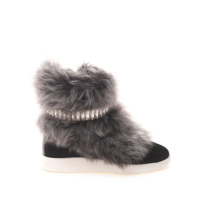 Giuseppe Zanotti Black Neoprene Chunky Sneakers with faux fur and crystals, side zipper, contrasting white sole