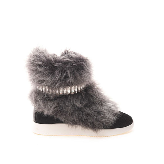 Giuseppe Zanotti Black Neoprene Chunky Sneakers with faux fur and crystals, side zipper, contrasting white sole