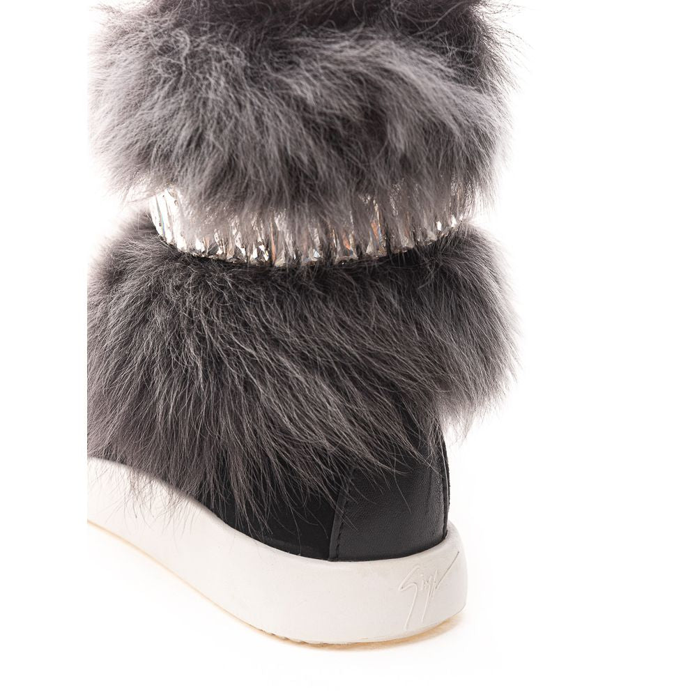 Close-up of Giuseppe Zanotti Black Neoprene Chunky Sneakers with faux fur and crystals, featuring a side zipper and white rubber sole.