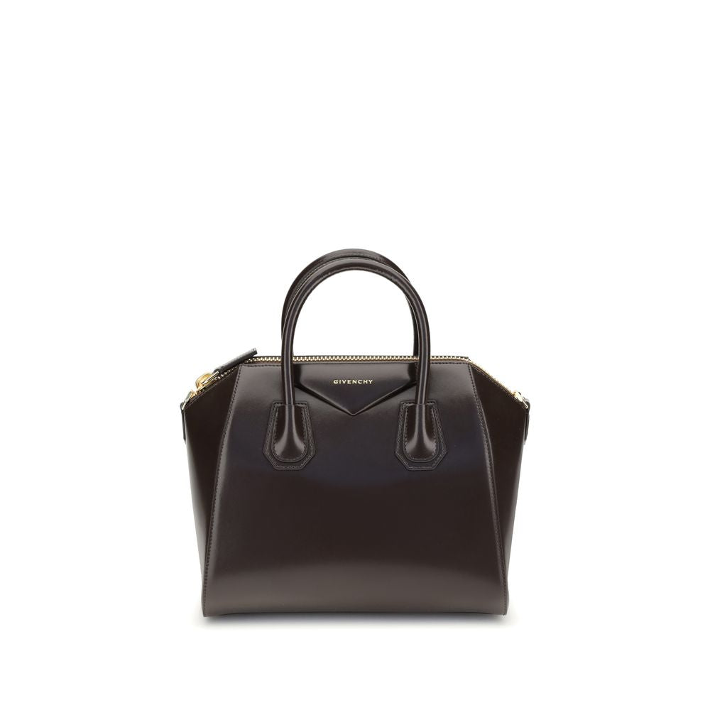 Givenchy Brown Calf Leather Bos Taurus Handbag with glossy finish and laminated logo, featuring two handles and a removable strap.