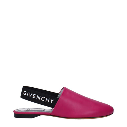 Givenchy Pink Leather Sandals with side and back logo, casual style, round toe, low flat heel, and leather sole in fuchsia and black accents.