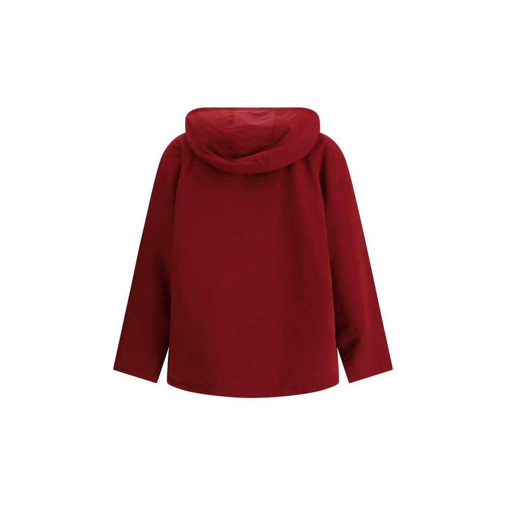 Rear view of Gucci Bordeaux Polyester Shell Jacket with fixed hood and adjustable hem, showcasing its contemporary design for AW25 season.