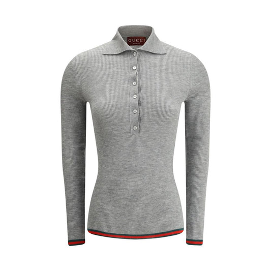 Gucci Gray Cashmere Top, elegant cashmere polo sweater with ribbed design, classic collar, tone-on-tone buttons, brand's iconic bands.