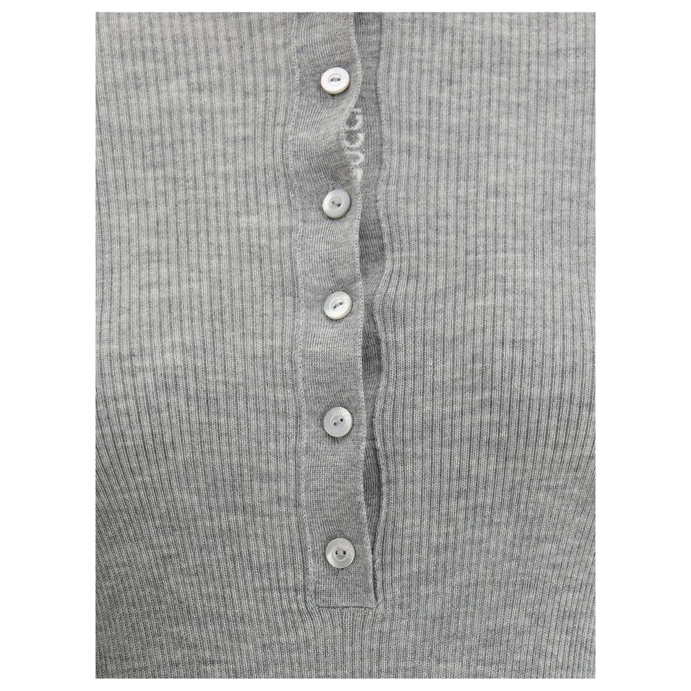 Gucci Gray Cashmere Top with button detailing, showcasing the ribbed structure and classic design of the elegant Gucci sweater.