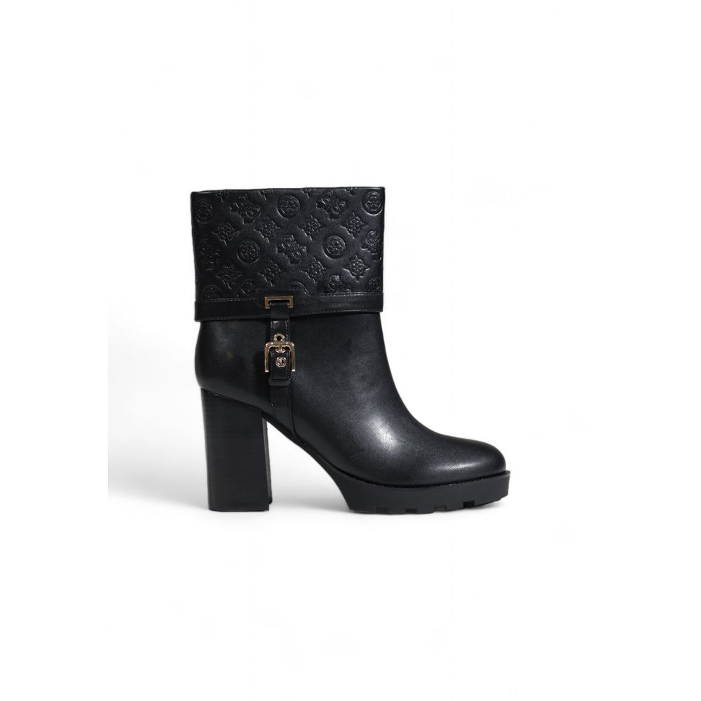 Guess Black Polyethylene Ankle Boots with embossed logo and metallic buckle, high chunky heel for stability and style.