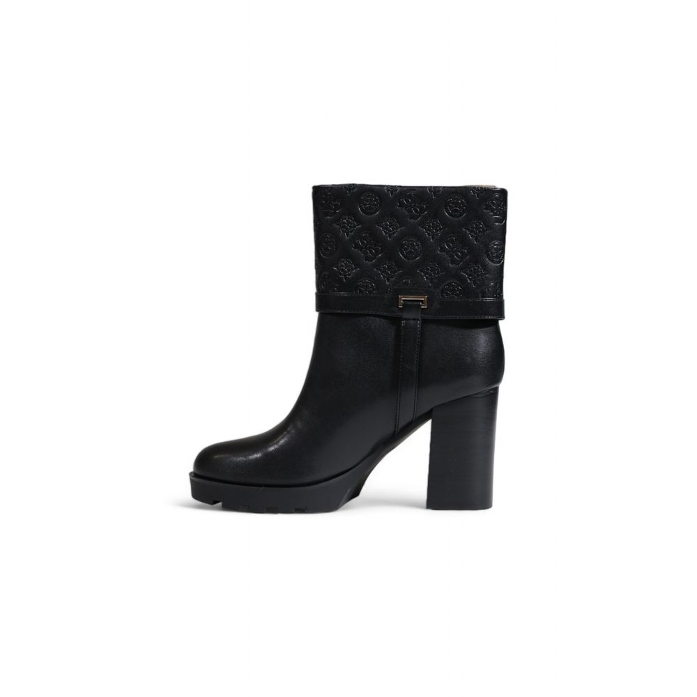 Guess Black Polyethylene Ankle Boots with embossed logo and metallic buckle, high chunky heel, and lug sole for contemporary style.