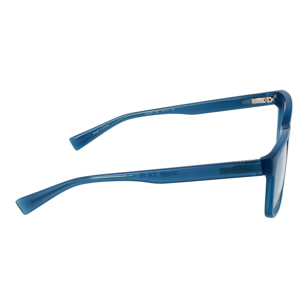Side view of Guess Blue Women Glasses Frame with full-rim square design, plastic material, and spring hinge in blue color.