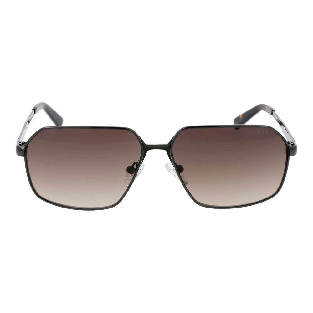 Guess Gray Men Sunglass with gunmetal frame, full-rim rectangle style, and brown gradient plastic lenses. Includes branded case.