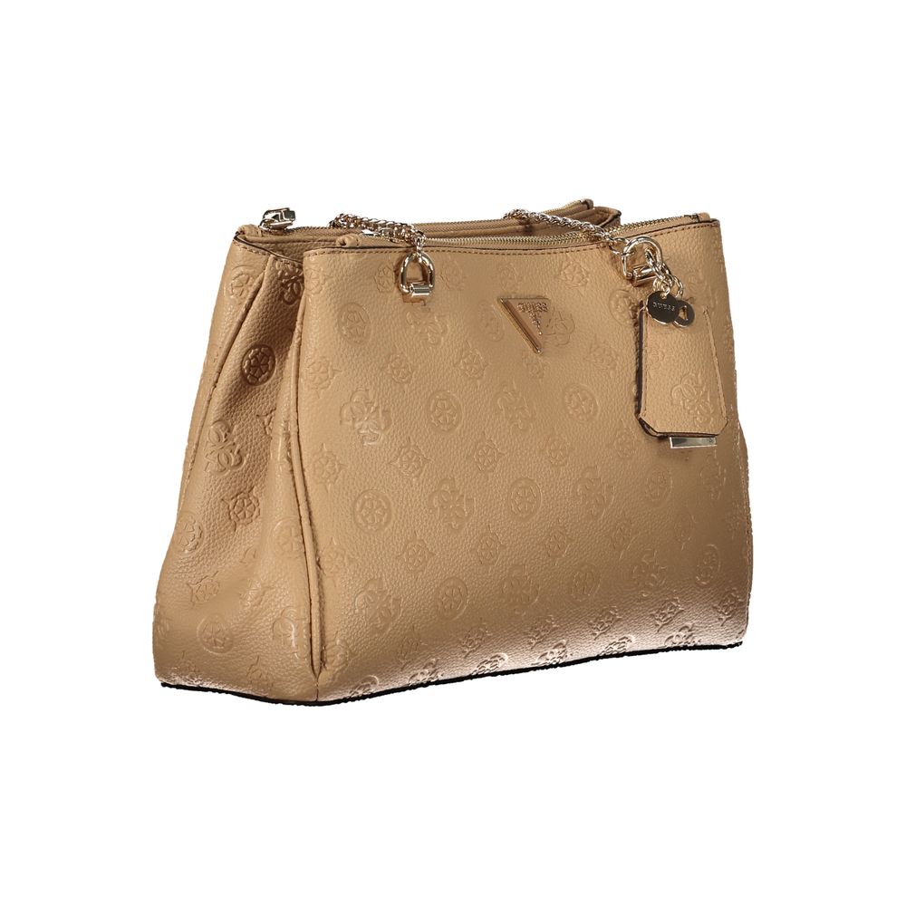 Elegantly designed Guess Jeans Beige Polyethylene Women Handbag with chain shoulder handles, featuring spacious compartments.