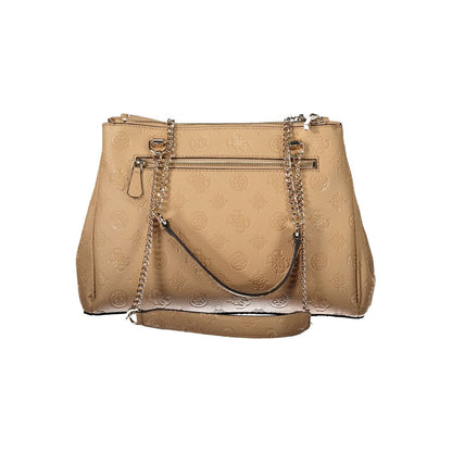 Guess Jeans Beige Polyethylene Women Handbag with chain handles and external pockets, showcasing elegant design and functionality.