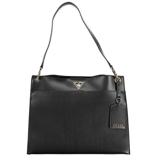 Guess Jeans Black Polyethylene Handbag with shoulder handle, 2 external pockets, and snap closure, featuring logo and contrasting details.