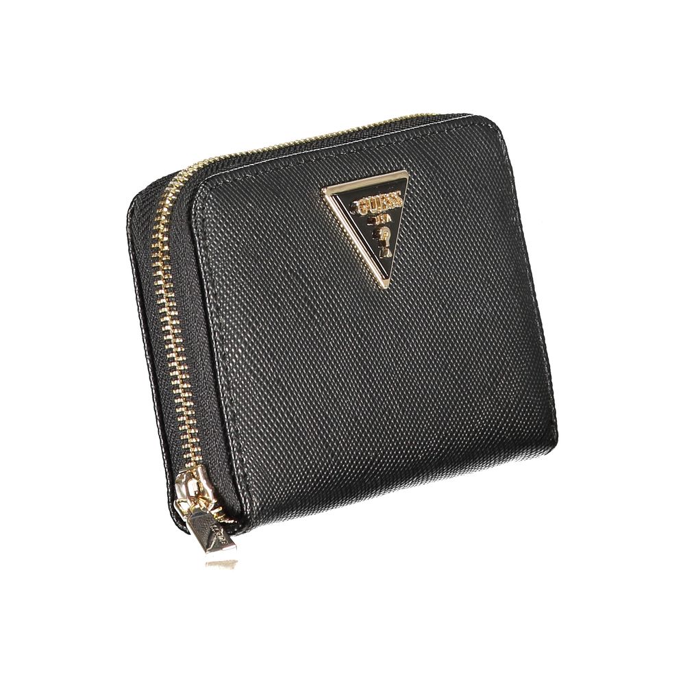 Guess Jeans Black Polyethylene Wallet with zip closure, logo, coin purse, and double card spaces.
