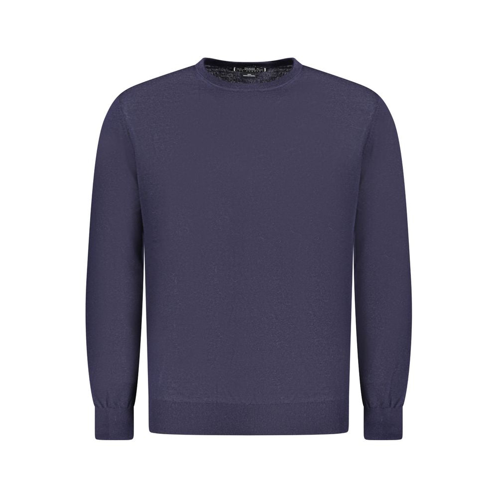 Guess Jeans Blue Wool Sweater with logo, long-sleeved crew neck style, ideal for casual wear.