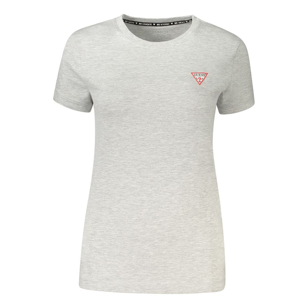 Guess Jeans Gray Cotton T-Shirt with short sleeves and logo, featuring a wide neck and organic cotton fabric.